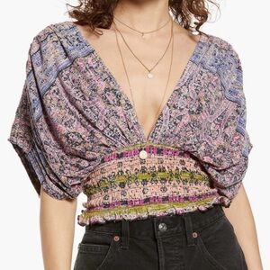 Free People Smocked Elastic V-Neck Blouse
